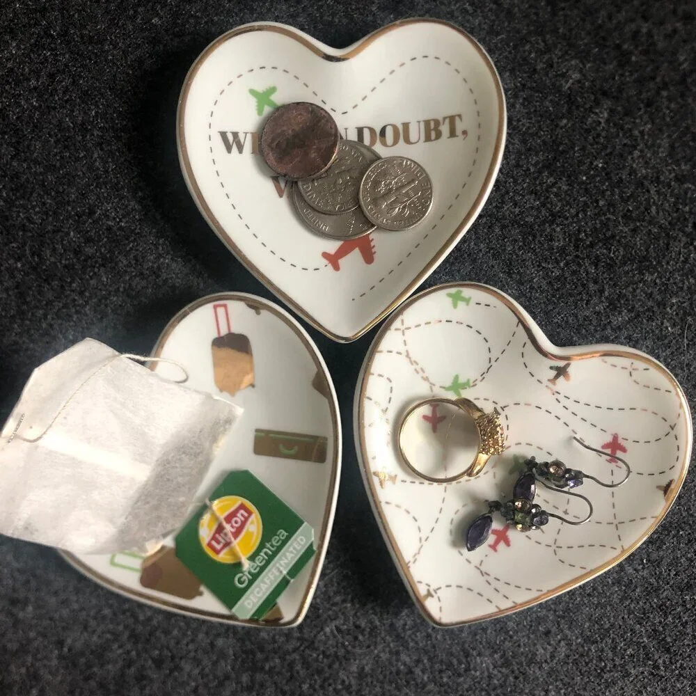 JT Rose heart-shaped ceramic trinket dishes, 3-count, travel-themed